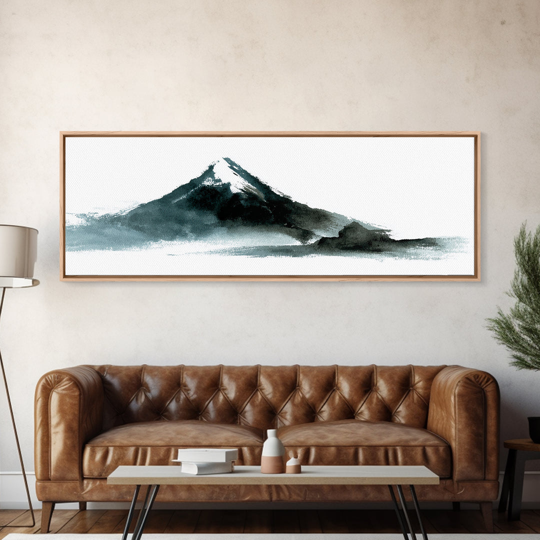 Minimalist Black Ink Mountain Landscape Wall Art, Japanese Canvas Print, Zen Decor, Neutral Office Decor, Mountain Art Print