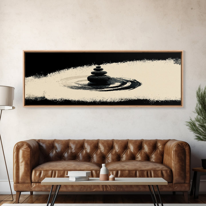 Minimal Zen Stone Stack In Black Ink Circle, Minimalist Wall Art, Japandi Wall Decor, Meditation Room Decor, Spa Home Decor