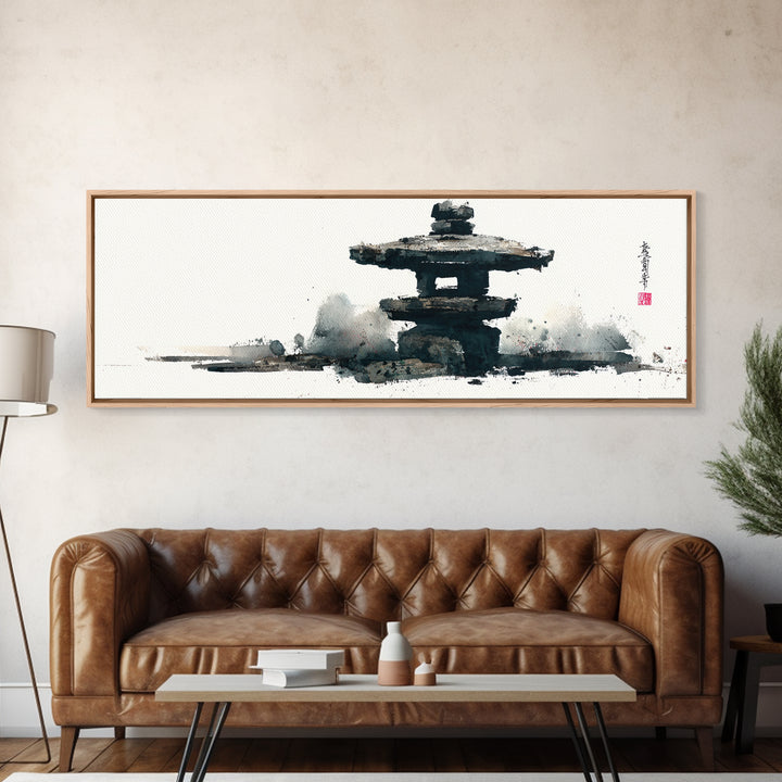 Minimal Japanese Pagoda Ink Wash Wall Art, Zen Framed Canvas Print For Japandi Decor, Asian Wall Decor And Meditation Room