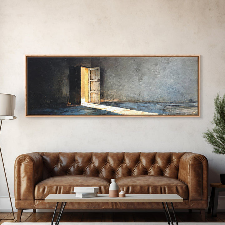 Sunlit Open Door In Moody Concrete Room Wall Art, Wabi Sabi Minimalist Print, Textured Neutral Decor For Living Room, Home Decor