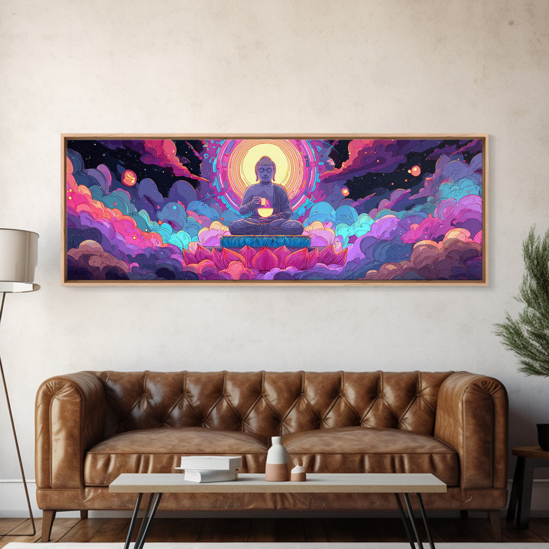Radiant Buddha Lotus Meditation Canvas Print, Psychedelic Celestial Wall Art For Yoga Studio, Spiritual Home Decor Print