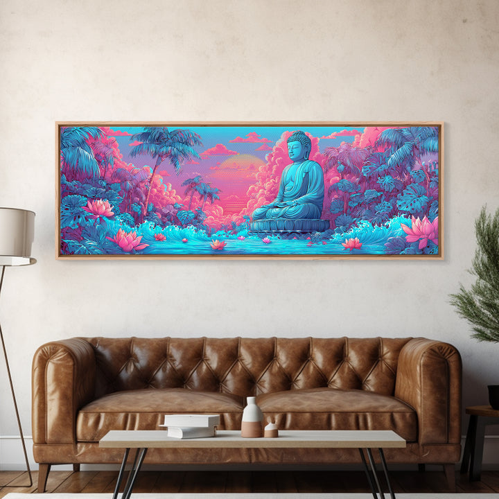 Pink Blue Buddha Garden Wall Art, Zen Meditation Canvas Print, Lotus Flower Spiritual Decor, Tropical Calming Room Art Print