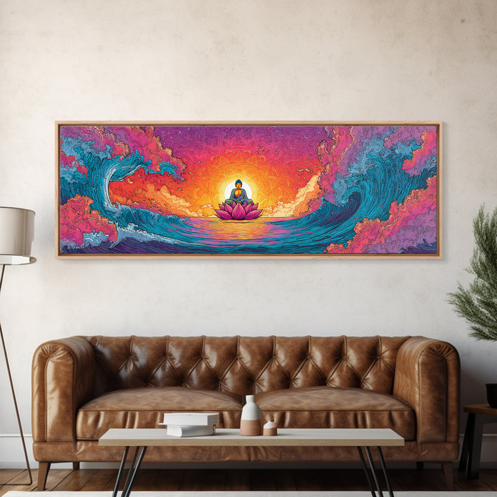 Pixel Buddha On Lotus Waves Wall Art, Celestial Meditation Canvas Print, Zen Yoga Room Decor, Vibrant Spiritual Gift For Home Decor