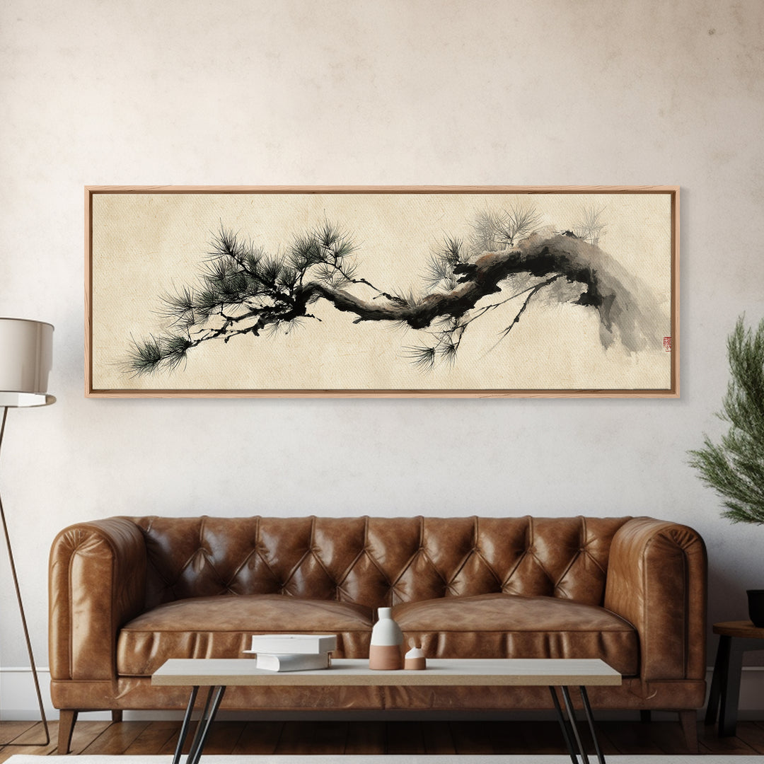 Japanese Ink Pine Branch Wall Art, Minimalist Zen Canvas Print, Asian Botanical Decor, Wabi Sabi Living Room Art, Home Decor