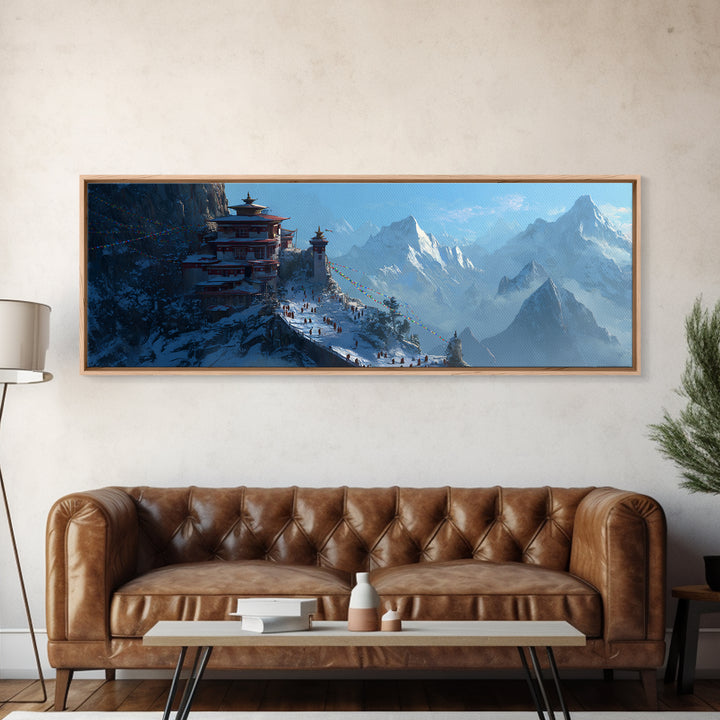Himalayan Mountain Monastery Framed Canvas Print, Asian Landscape Art, Buddhist Wall Art, Travel Poster, Meditation Room Decor