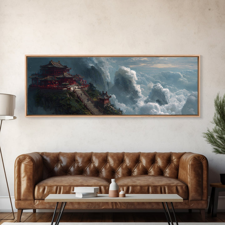 Cloud Temple Mountain Wall Art, Asian Pagoda Fantasy Landscape, Zen Home Decor Framed Canvas Print, Large Living Room Art