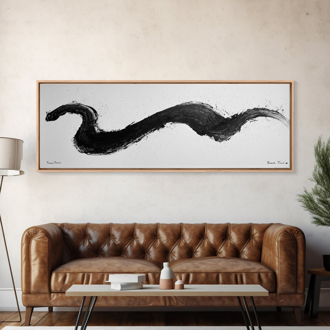 Black Brushstroke Abstract Wall Art, Minimalist Ink Canvas Print, Black And White Modern Office Decor, Horizontal Wall Art