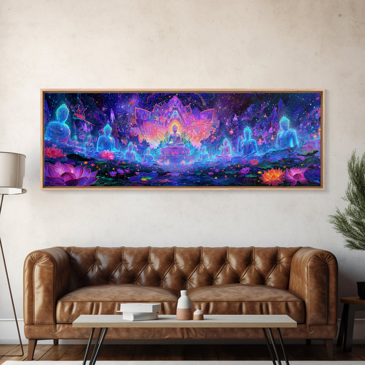 Glowing Lotus Buddha Meditation Wall Art, Psychedelic Spiritual Canvas Print, Yoga Studio Decor, Celestial Mindfulness Gift
