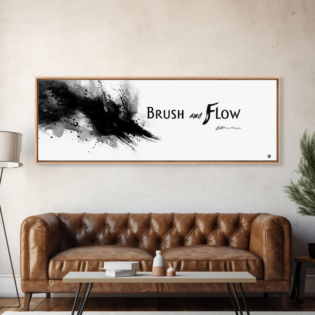 Brush And Flow Black Ink Canvas Print, Abstract Calligraphy Wall Art, Minimalist Black And White Office Wall Decor Print