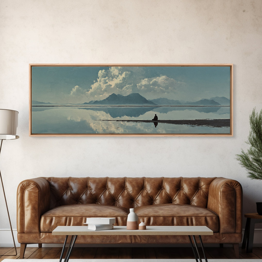 Quiet Mountain Lake Reflection With Lone Figure, Minimalist Wall Art, Landscape Canvas Print, Neutral Living Room Decor