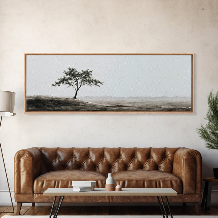 Lone Tree Misty Minimalist Wall Art, Black And White Landscape Print, Neutral Wall Decor, Japandi Office Art, Calming Decor