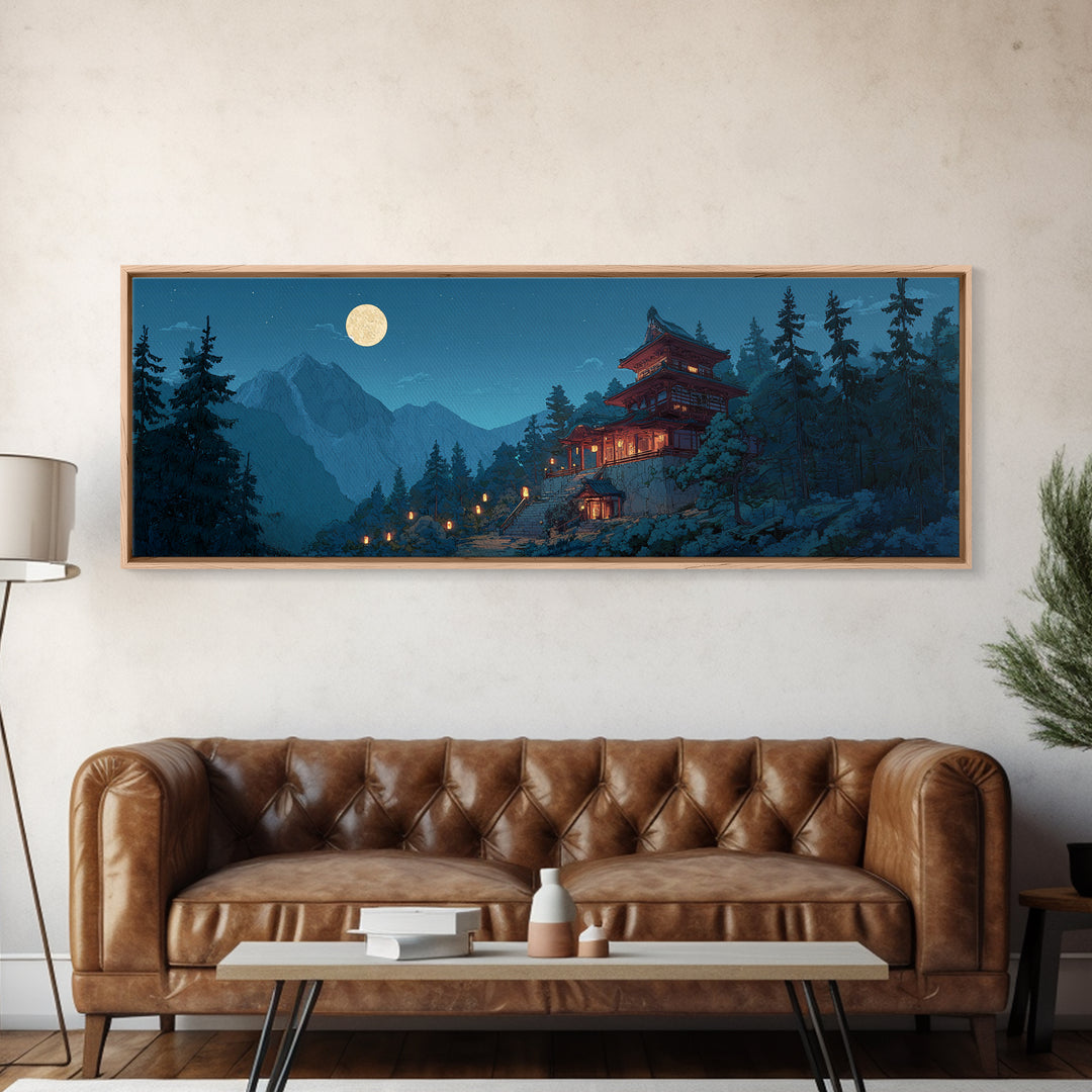 Moonlit Japanese Pagoda In Snowy Pines Wall Art, Japandi Mountain Landscape Canvas Print, Zen Decor, Serene Winter Home Decor