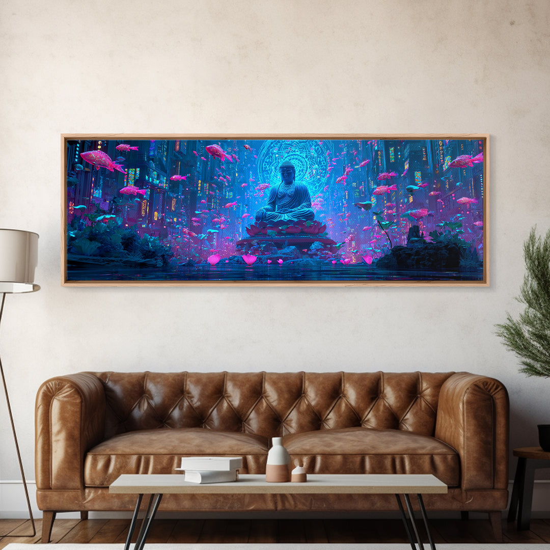 Neon Buddha Fish Temple Canvas Print, Zen Cyberpunk Wall Art, Meditation Room Decor, Futuristic Spiritual Wall Art Print