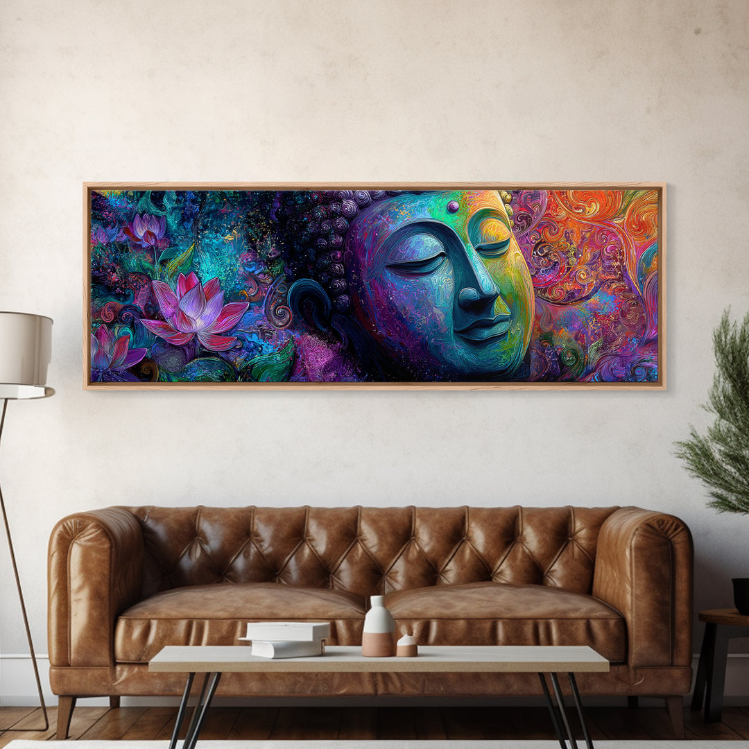 Vibrant Buddha With Lotus Framed Canvas Print, Psychedelic Spiritual Wall Art, Meditation Decor, Colorful Yoga Room Art Print