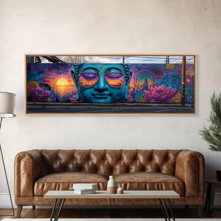 Buddha Mural With Sunset Sunglasses Wall Art, Urban Graffiti Canvas Print, Meditation Decor, Lotus Street Art, Calming Zen Gift