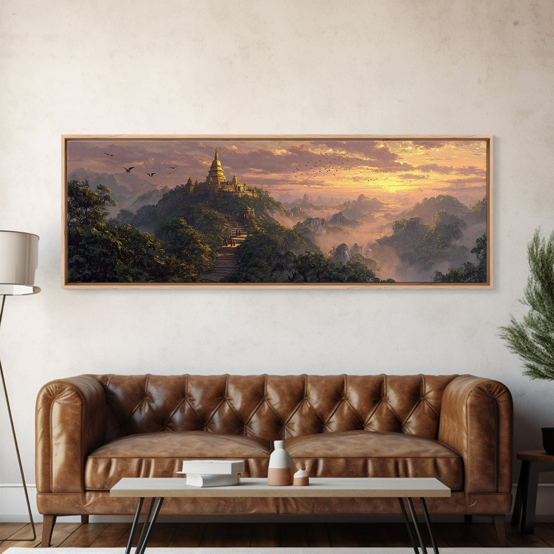 Golden Mountain Pagoda Temple Wall Art, Asian Jungle Sunrise Canvas, Spiritual Landscape Print, Meditation Room Decor, Zen Home Decor