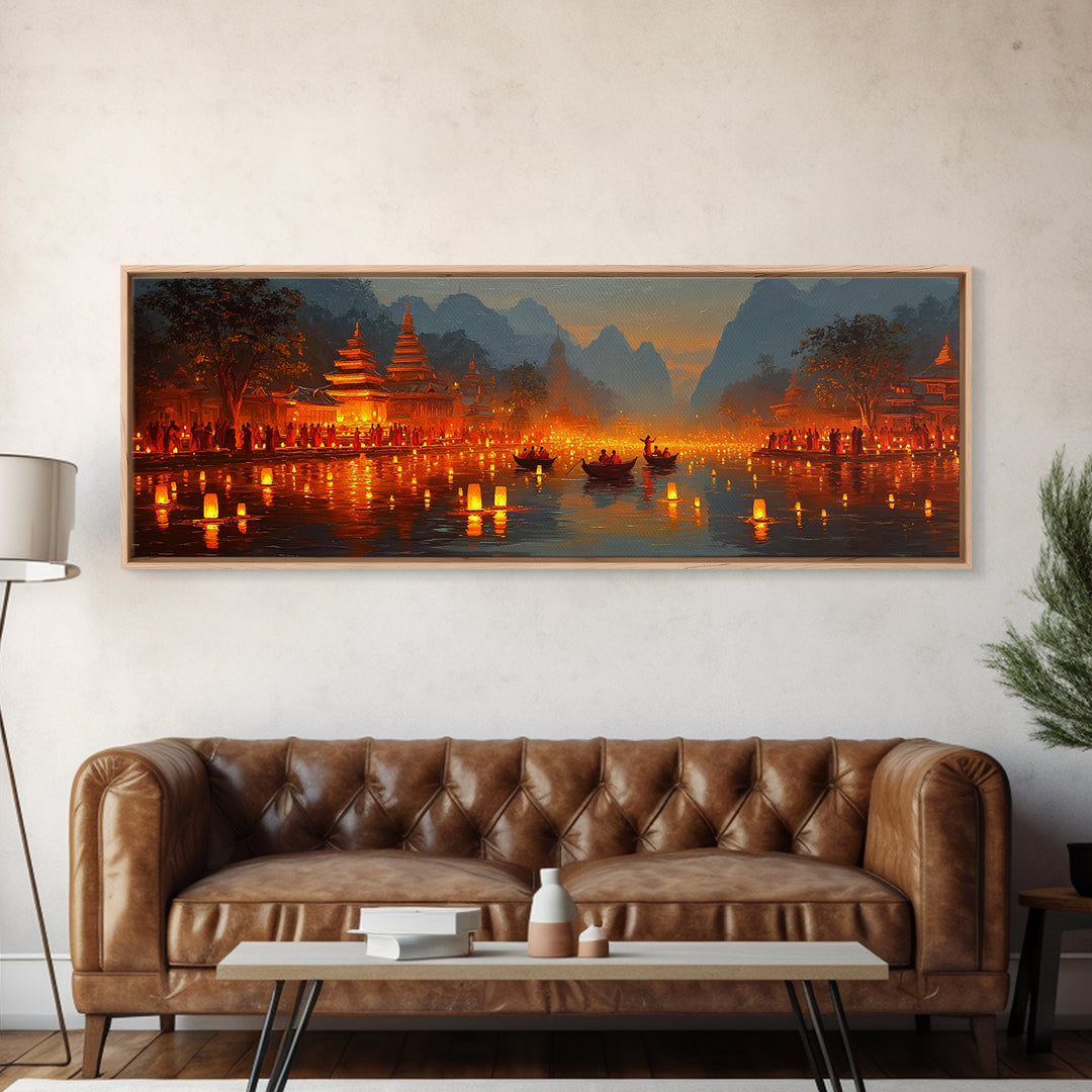 Glowing Lantern Festival Wall Art, Asian River Temple Canvas Print, Magical Night Landscape, Travel Inspired Home Decor Print
