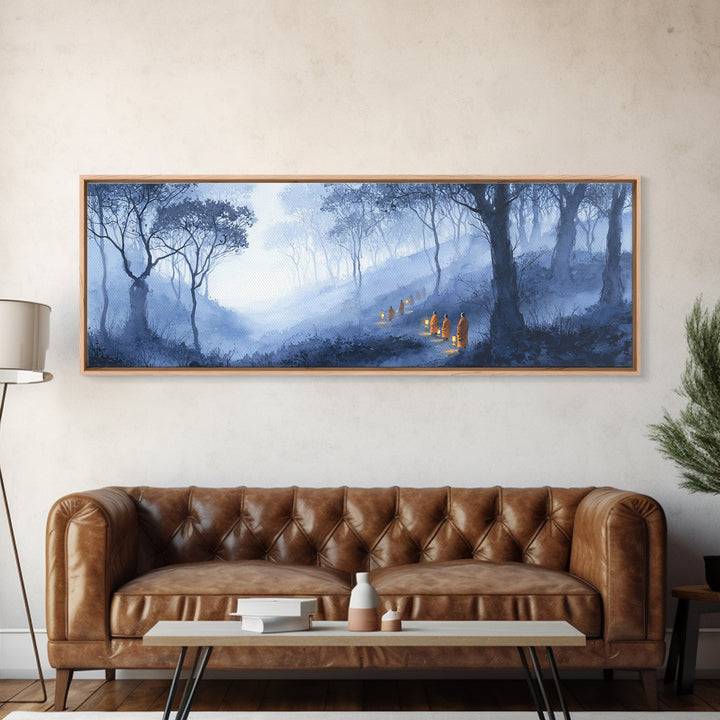 Misty Blue Enchanted Forest Wall Art, Hooded Lantern Path Fantasy Landscape, Dark Academia Decor, Gothic Canvas Print Gift