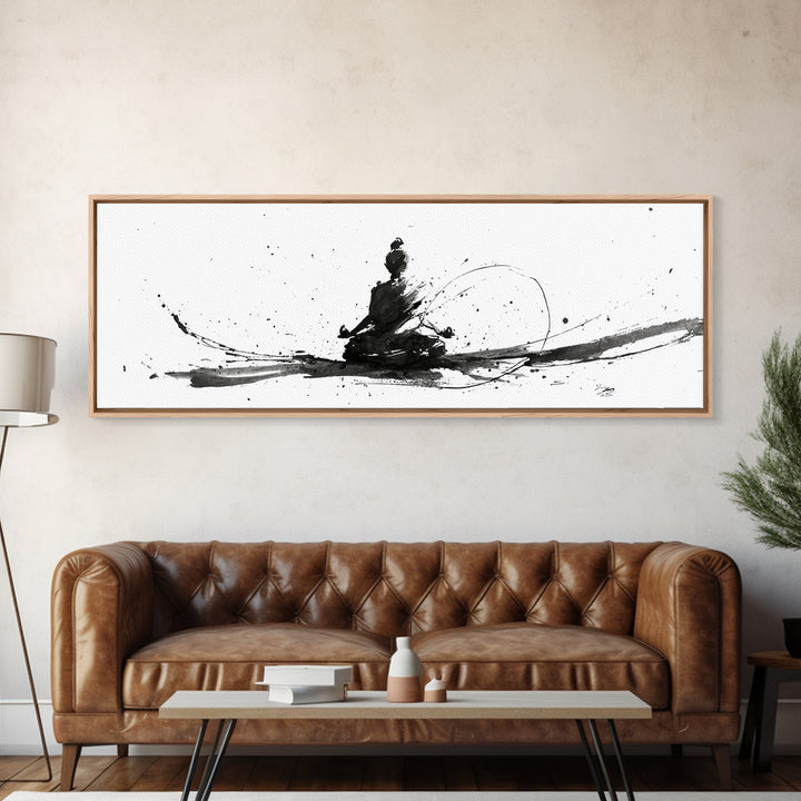 Minimalist Ink Meditation Figure Wall Art, Black And White Zen Canvas Print, Mindfulness Decor For Yoga Studio And Office