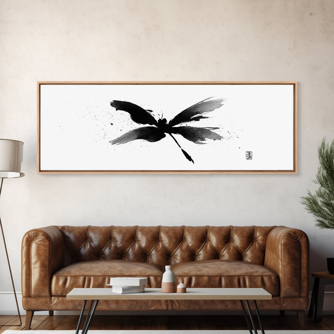 Black Ink Dragonfly Wall Art, Minimalist Japanese Brush Painting, Zen Decor, Black And White Art, Horizontal Canvas Print