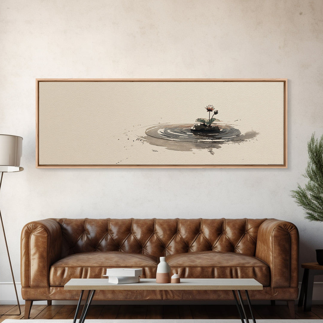 Minimal Zen Water Ripple With Tiny Flower Canvas Print, Wabi Sabi Wall Art, Japandi Decor, Neutral Minimalist Home Decor
