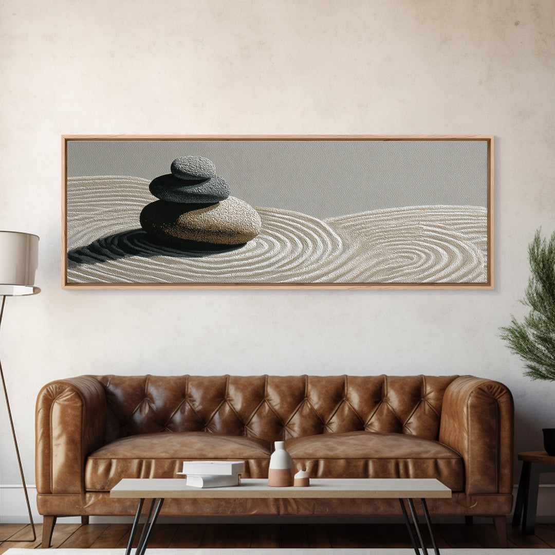 Raked Sand Zen Stones Wall Art, Minimalist Canvas Print, Japandi Spa Decor, Neutral Wabi Sabi Calming Meditation Room Decor