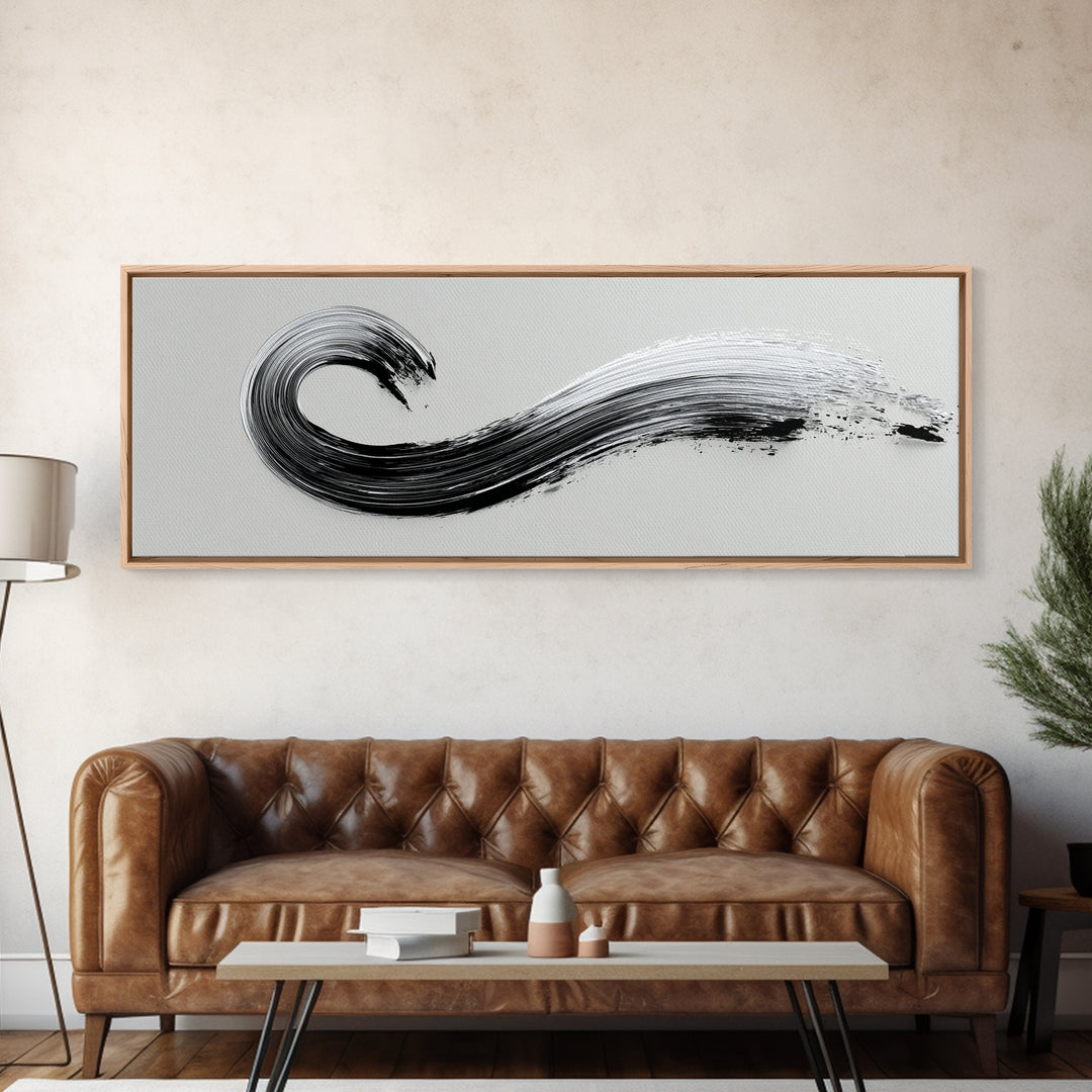 Black Ink Wave Canvas Print, Minimalist Wall Art, Japanese Sumi Painting, Abstract Line Art, Neutral Decor, Zen Office Poster