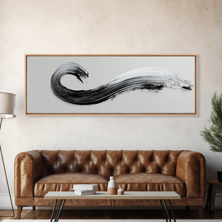 Black Ink Wave Canvas Print, Minimalist Wall Art, Japanese Sumi Painting, Abstract Line Art, Neutral Decor, Zen Office Poster