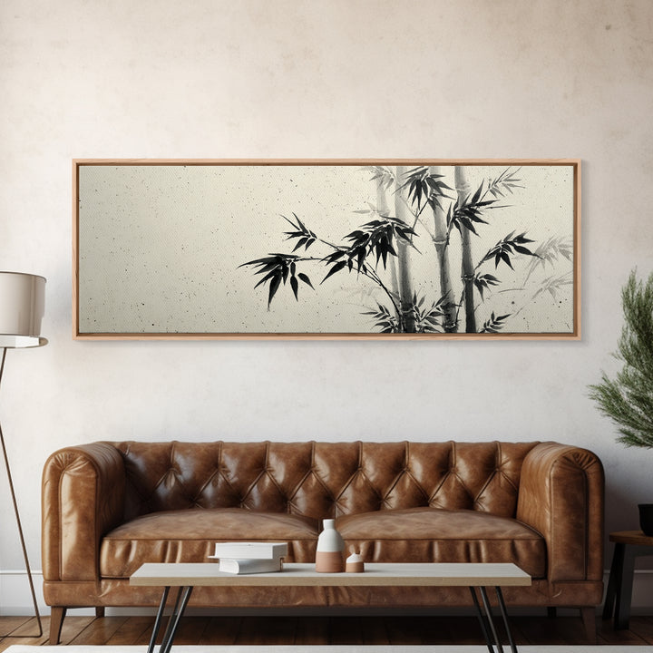 Minimalist Black Ink Bamboo Wall Art, Japanese Sumi Brush Canvas Print, Zen Botanical Decor For Calm Living Room Wall Decor