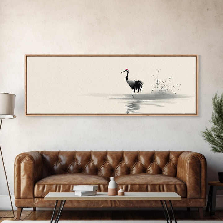 Minimalist Crane By Water Framed Canvas Print, Japanese Wall Art, Zen Bird Illustration, Neutral Living Room Decor, Fine Art Print
