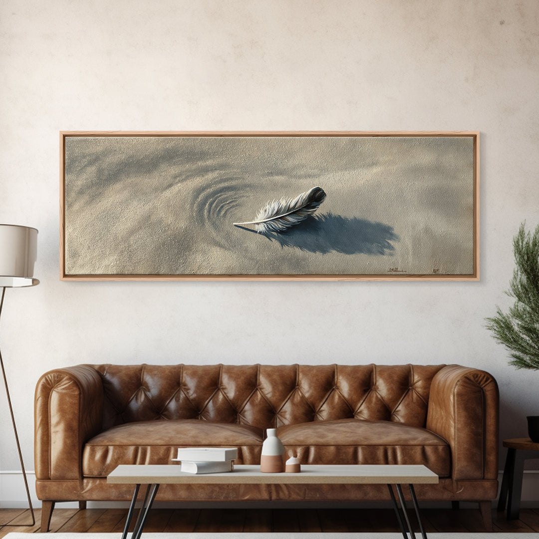 Feather On Sand Wall Art, Minimalist Coastal Nature Print, Neutral Beach Decor, Calming Wabi Sabi Wall Decor, Framed Canvas Print