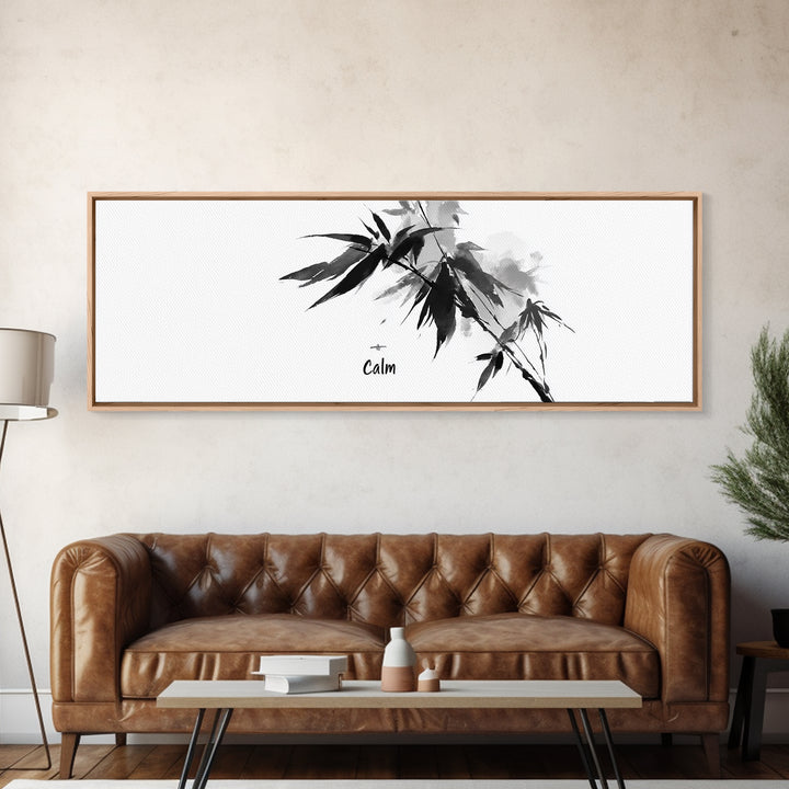 Black Ink Bamboo Calm Wall Art, Minimalist Japanese Zen Brush Painting, Black And White Decor, Peaceful Meditation Canvas Print