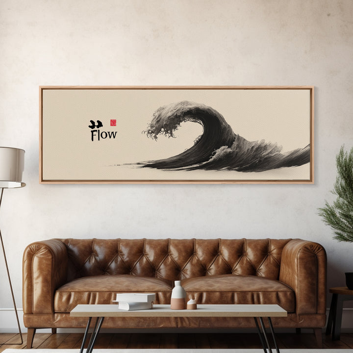 Japanese Ink Wave Flow Wall Art, Black And White Zen Ocean Canvas Print, Minimalist Japandi Decor For Meditation Room Home Decor