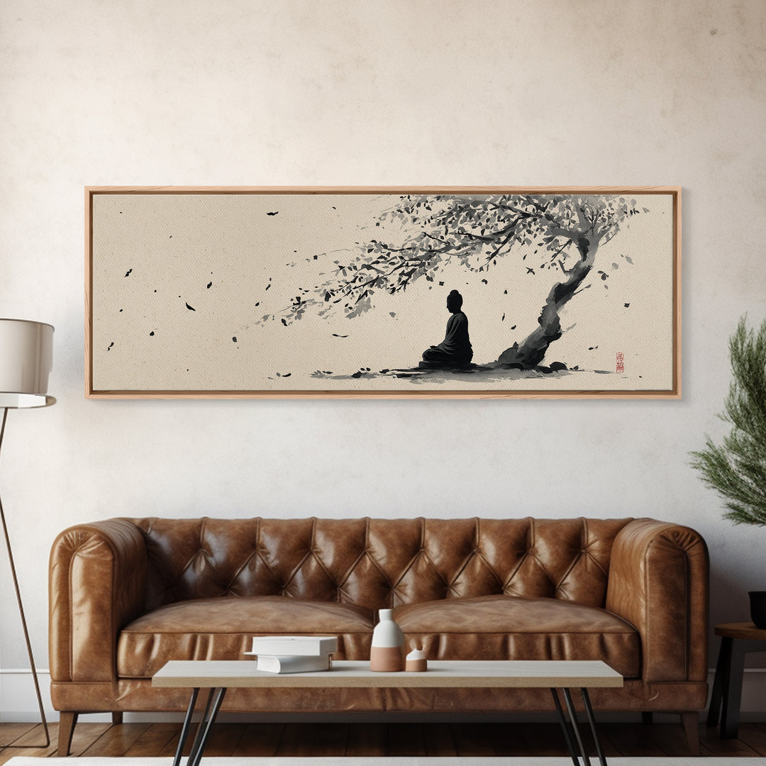 Zen Figure Under Windblown Tree Wall Art, Japanese Ink Landscape, Minimalist Zen Decor, Calming Meditation Room Art Print