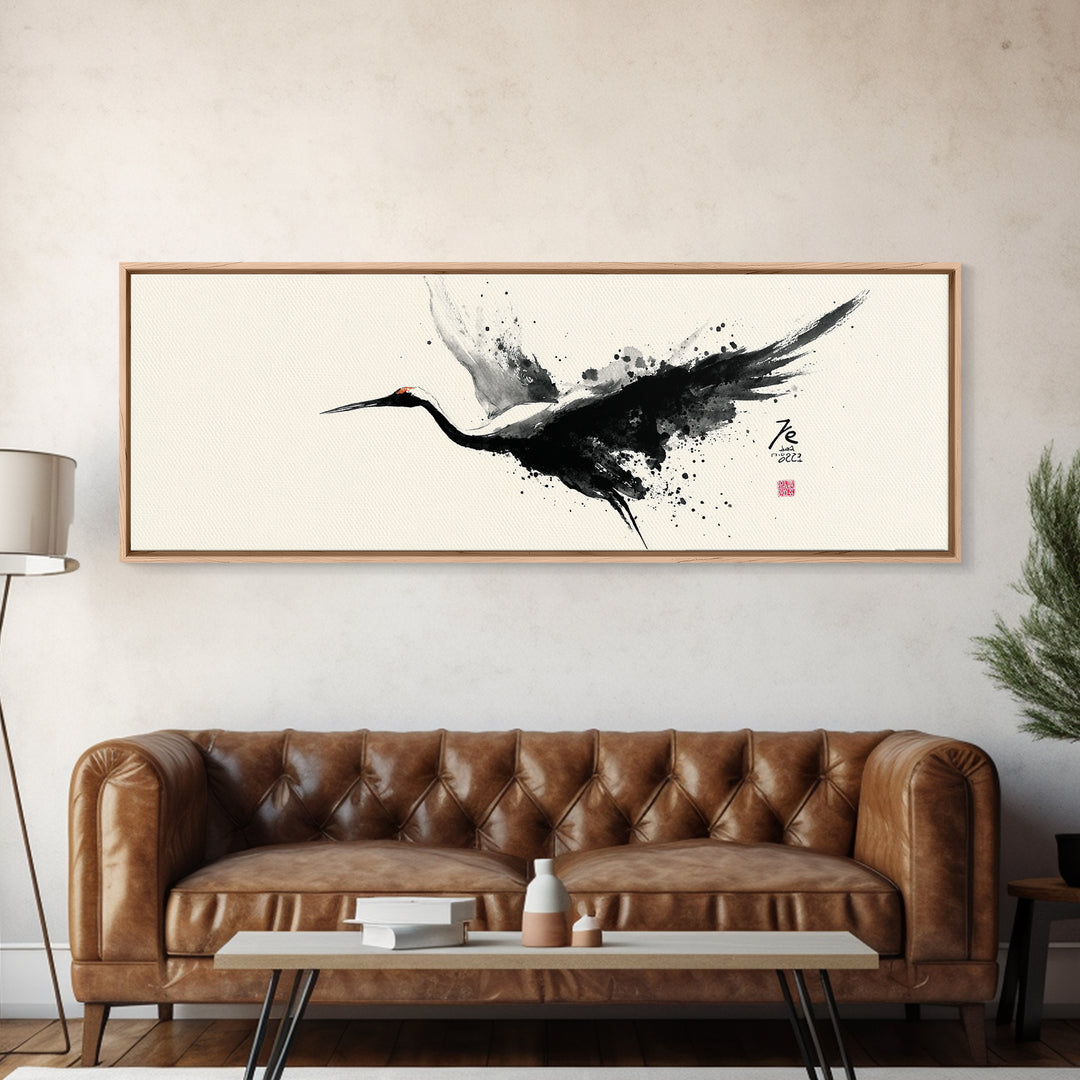 Black Ink Crane Wall Art, Japanese Brush Canvas Print, Minimalist Bird Art, Black And White Art, Zen Wall Decor, Asian Inspired Art