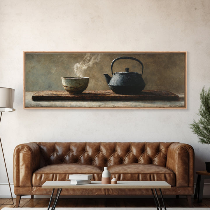 Wabi Sabi Tea Bowl And Cast Iron Teapot Wall Art, Zen Kitchen Still Life, Japanese Minimalist Decor, Framed Canvas Print