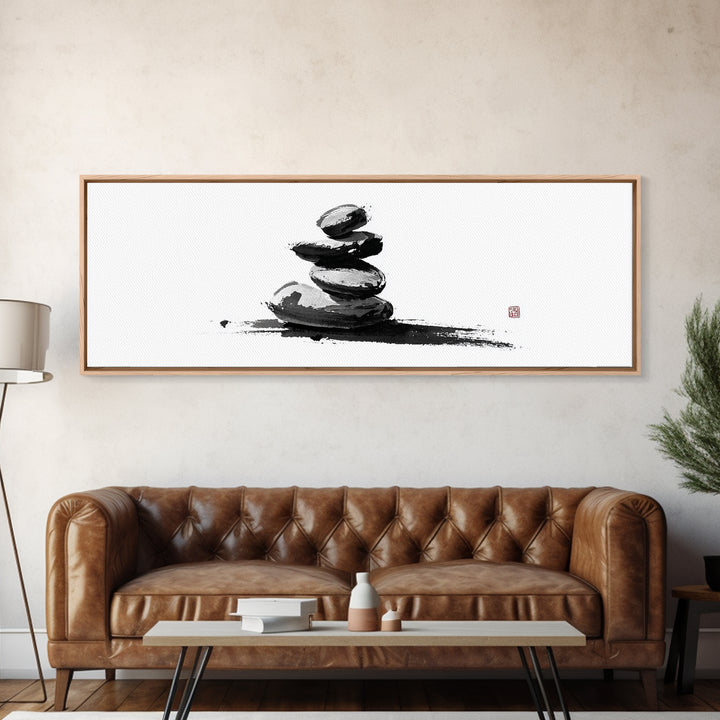 Stacked Zen Stones Canvas Print, Minimalist Wall Art, Sumi Ink Painting, Spa Decor, Meditation Room, Neutral Home Decor Art