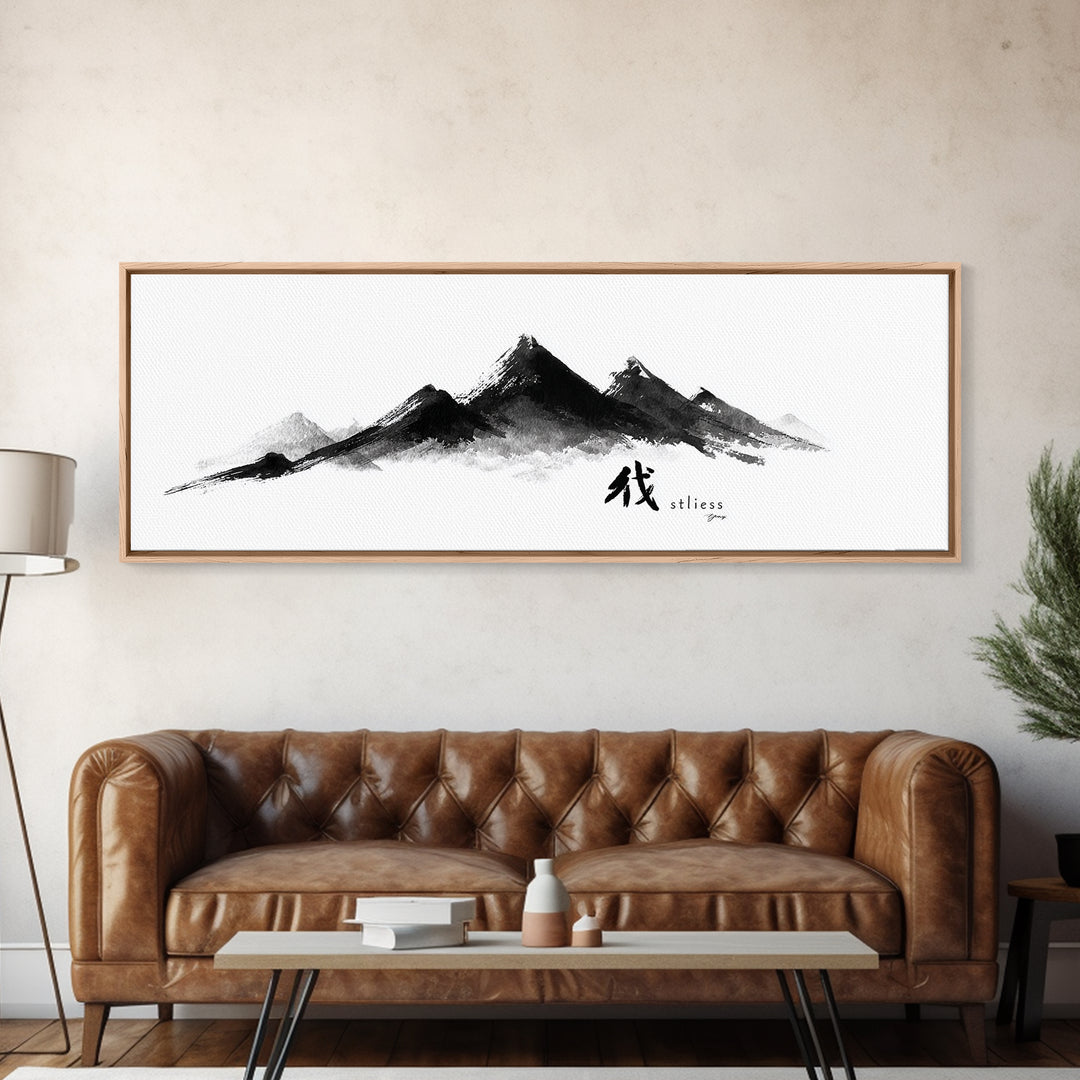 Japanese Ink Mountain Range With Calligraphy Wall Art, Minimalist Canvas Print, Zen Decor, Black And White Office Art, Japandi Decor