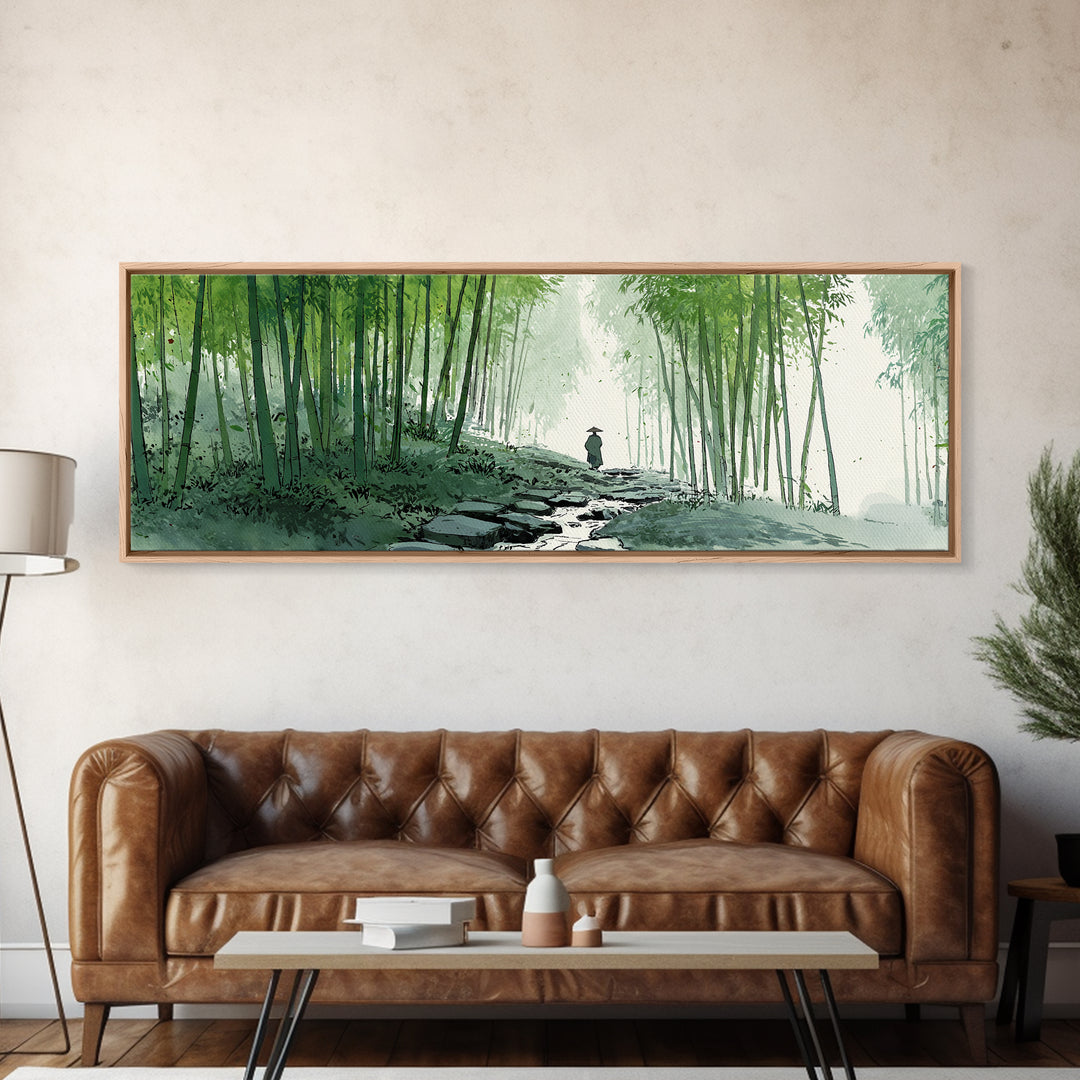 Bamboo Forest Path Canvas Print, Japanese Zen Landscape Wall Art, Green Nature Painting, Japandi Meditation Room Decor Print