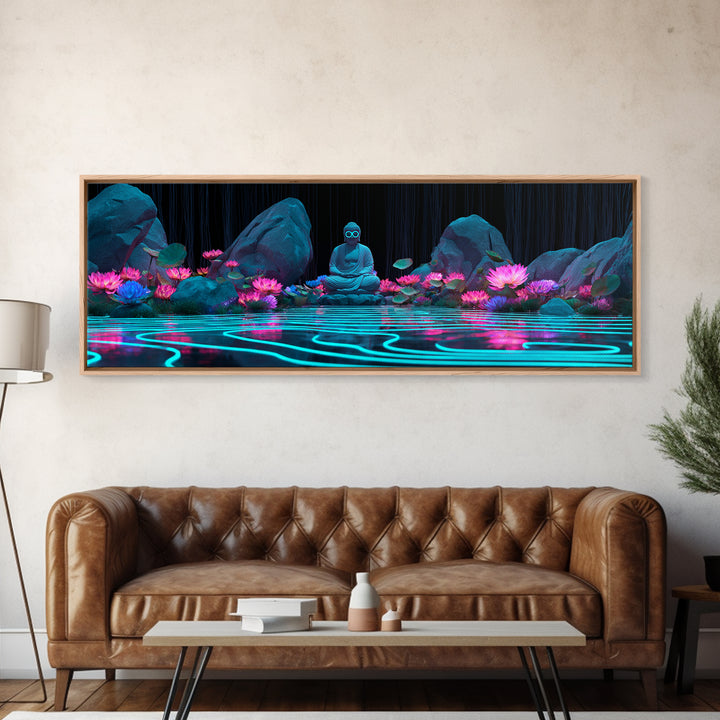 Neon Buddha Lotus Pond Wall Art, Zen Meditation Canvas, Spiritual Decor, Japandi Wall Decor, Yoga Room, Calming Art Print