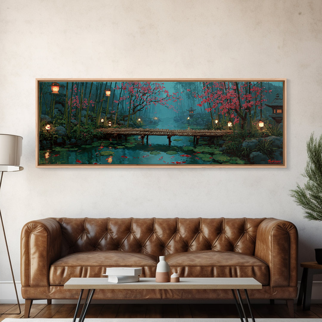 Cherry Blossom Bamboo Pond Wall Art, Japanese Lantern Bridge Canvas, Serene Zen Landscape, Japandi Living Room Decor, Calming Home Decor