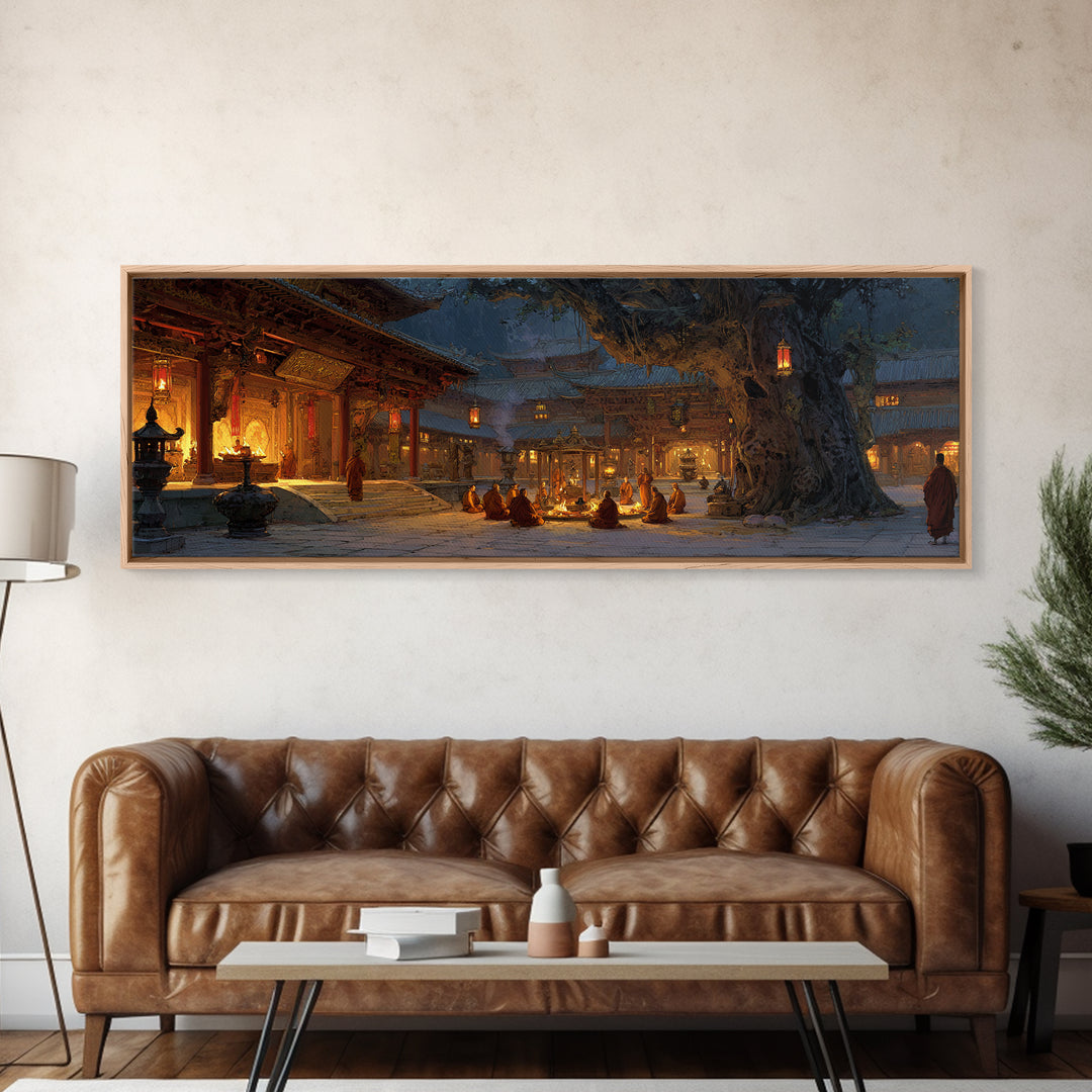 Snowy Temple Courtyard Wall Art, Lantern Lit Monastery Framed Canvas Print, Asian Inspired Decor, Meditation Room Art, Zen Decor