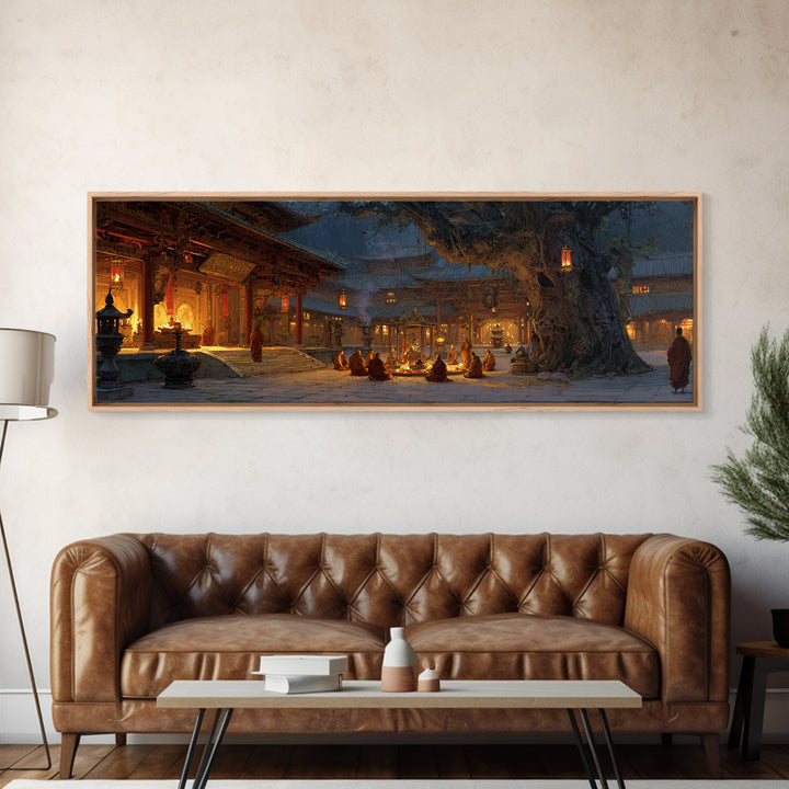 Snowy Temple Courtyard Wall Art, Lantern Lit Monastery Framed Canvas Print, Asian Inspired Decor, Meditation Room Art, Zen Decor
