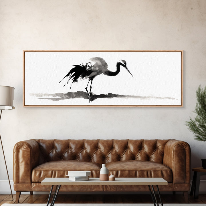 Black Ink Crane Wall Art, Minimalist Bird Painting Canvas Print, Japanese Wall Decor, Zen Home Decor, Black And White Art