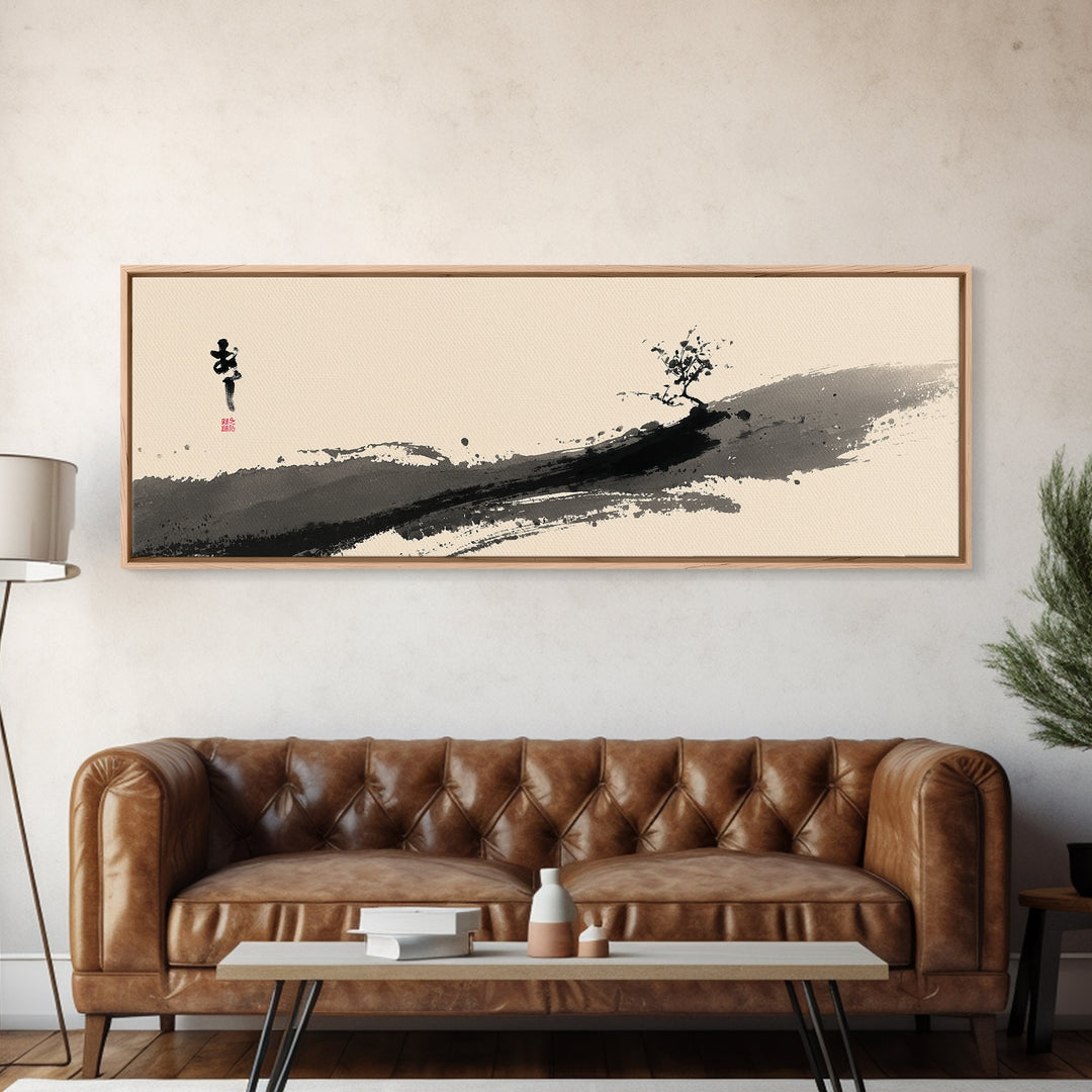 Minimal Ink Tree Canvas Print, Japanese Calligraphy Landscape Wall Art, Zen Brush Painting, Neutral Japandi Home Decor Print