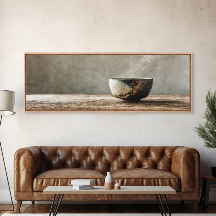 Steaming Wabi Sabi Ceramic Bowl Wall Art, Neutral Kitchen Canvas Print, Japandi Dining Room Decor, Minimalist Zen Fine Art Print