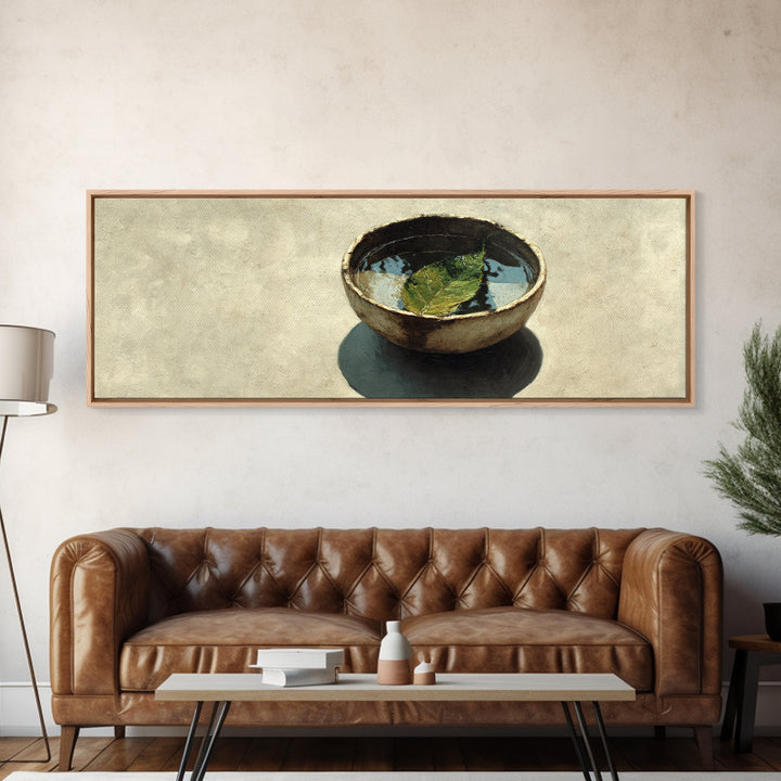 Rustic Bowl With Floating Leaf Canvas Print, Wabi Sabi Wall Art, Minimalist Still Life, Japandi Zen Home Decor, Neutral Kitchen Art Print