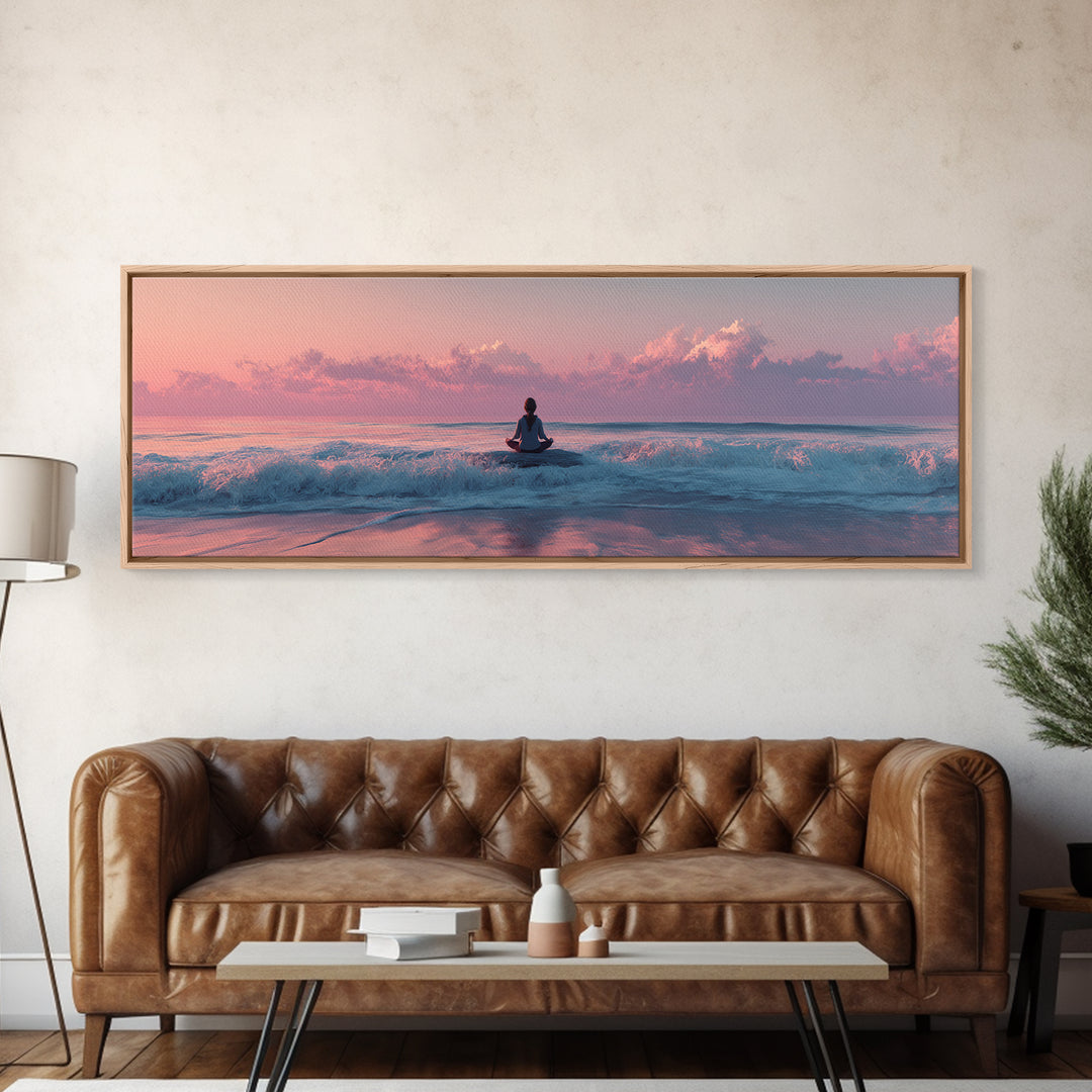 Peaceful Ocean Meditation Canvas Print, Pink Sunset Beach Wall Art, Coastal Yoga Decor, Seascape Art, Calming Bedroom Decor