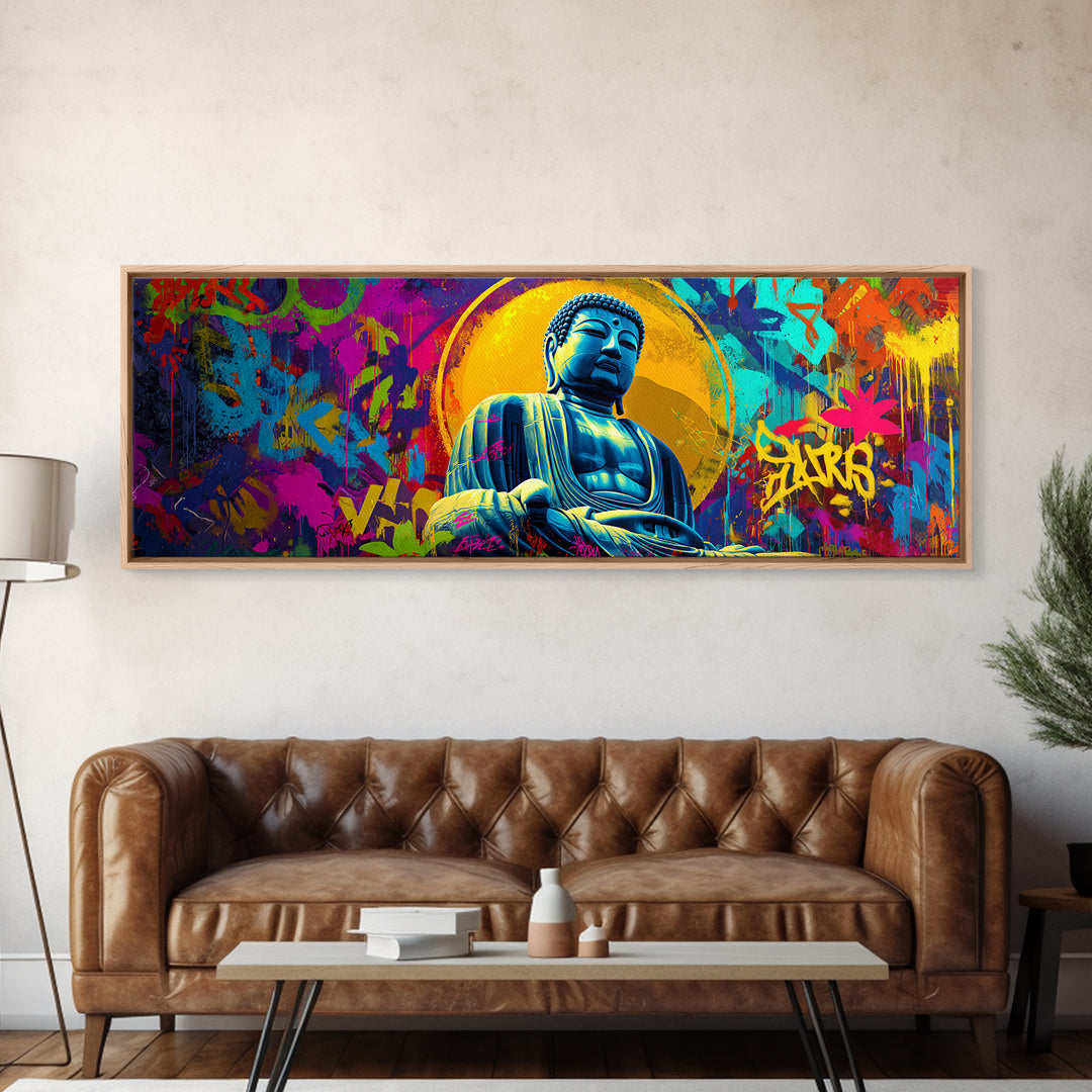 Colorful Graffiti Buddha Wall Art, Pop Art Meditation Decor, Vibrant Urban Street Art, Spiritual Yoga Room Framed Canvas Print
