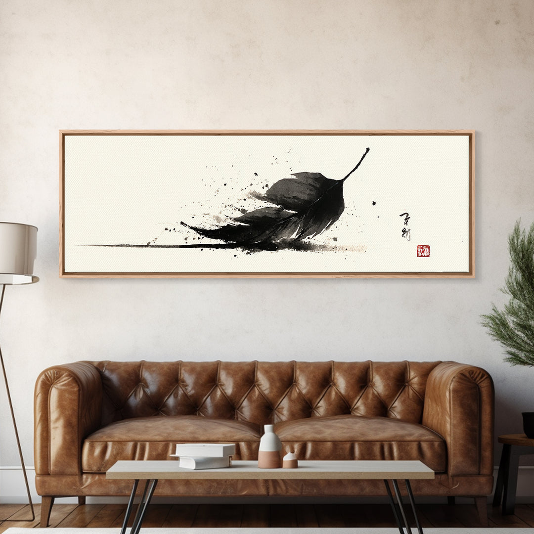 Black Ink Feather Japanese Sumi Wall Art, Minimalist Black And White Art Print, Zen Nature Decor For Office Or Bedroom Wall Decor